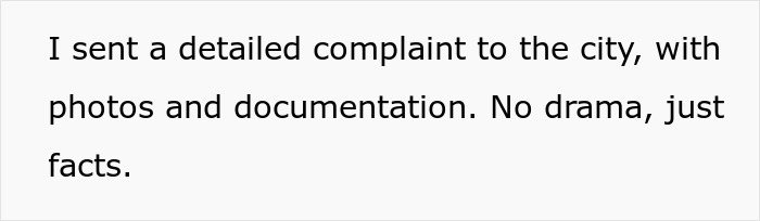 Text slide showing a message about sending a detailed complaint with photos and documentation about a neighbor’s fence.