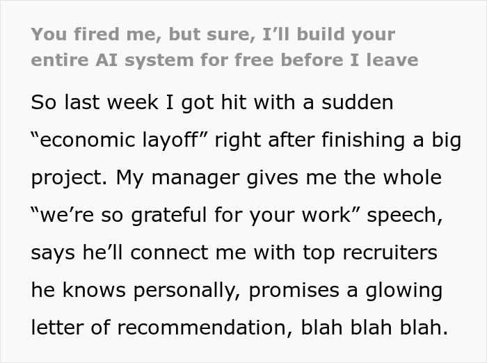Text about a worker told to start a new project after being fired, agreeing but knowing they won’t do it. Text about a worker told to start a new project after being fired, agreeing but knowing they won’t do it.