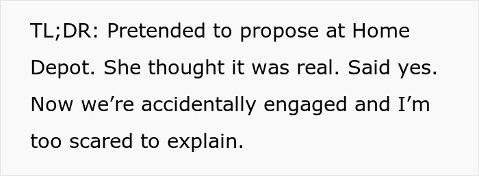 Couple at Home Depot where boyfriend fakes a proposal as a joke, and girlfriend says yes seriously, causing fear to reveal truth. Couple at Home Depot where boyfriend fakes a proposal as a joke, and girlfriend says yes seriously, causing fear to reveal truth.