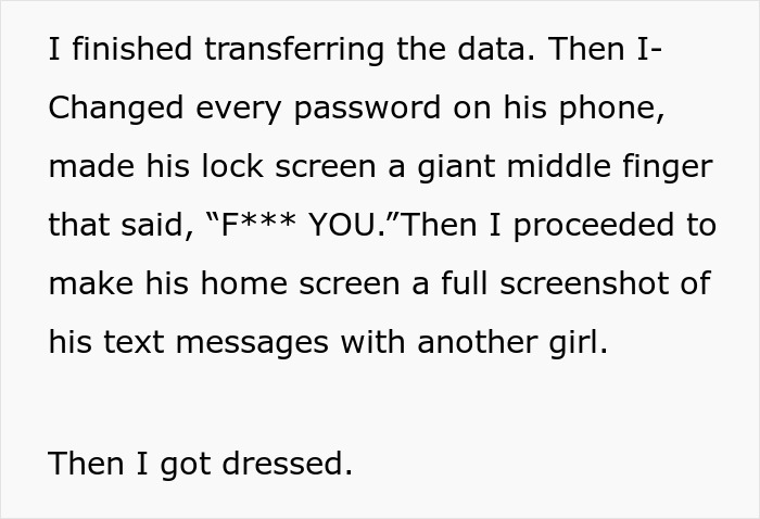 Woman transferring ex’s phone data uncovers cheating evidence through text messages and changes phone passwords. Woman transferring ex’s phone data uncovers cheating evidence through text messages and changes phone passwords.