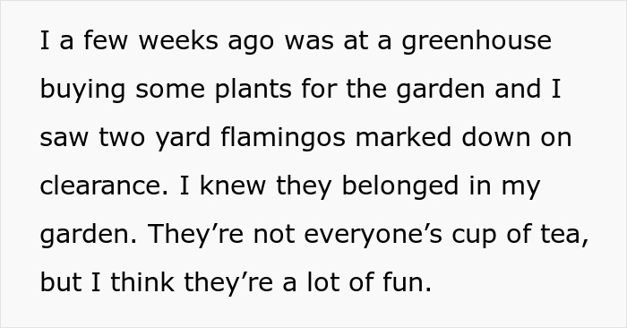 Text excerpt about buying yard flamingos for a garden showing a playful attitude toward pink flamingos and neighbor disputes.
