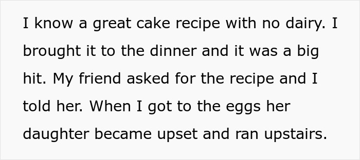 Text about a dairy-free cake recipe causing confusion over eggs used, sparking a dairy debate. Text about a dairy-free cake recipe causing confusion over eggs used, sparking a dairy debate.
