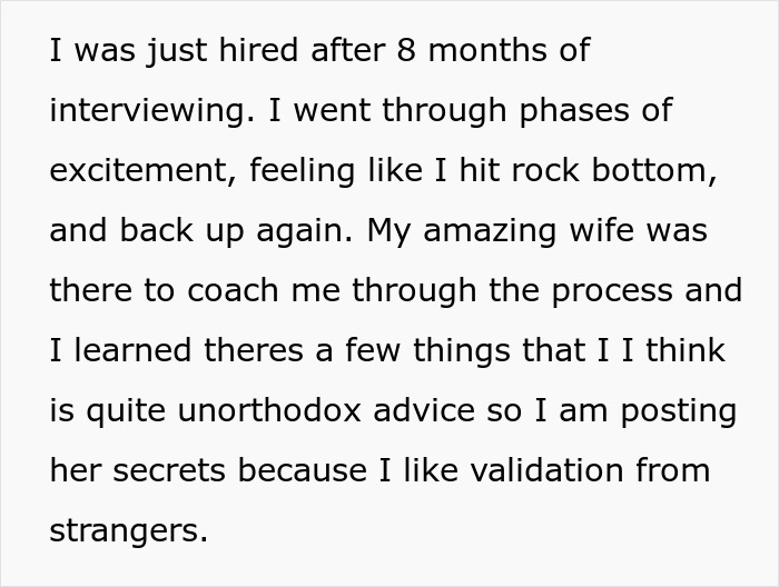 Text post sharing a professional career coach's unorthodox interview tips to help people ace interviews and land dream jobs.