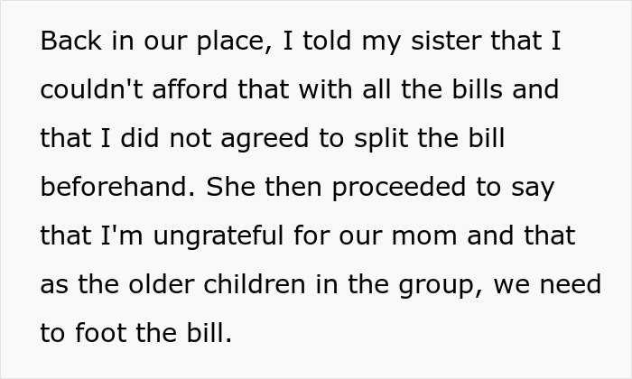 Person finds out after dinner they're treating the table and refuses to pay, causing family conflict over bill splitting. Person finds out after dinner they're treating the table and refuses to pay, causing family conflict over bill splitting.