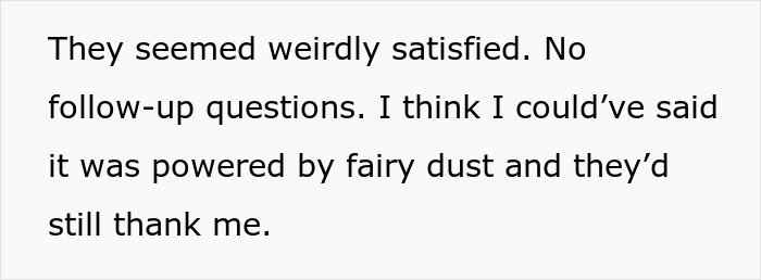 Text on a white background showing a person’s thoughts about being oddly satisfied with no follow-up questions. Text on a white background showing a person’s thoughts about being oddly satisfied with no follow-up questions.