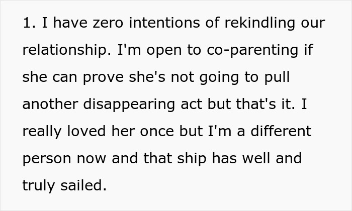 Text excerpt from a man raising newborn alone, discussing co-parenting and forgiving his ex after her sudden reappearance. Text excerpt from a man raising newborn alone, discussing co-parenting and forgiving his ex after her sudden reappearance.