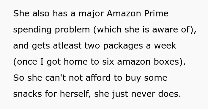 Middle-aged woman with a shopping habit struggles with spending yet refuses to buy her own snacks, causing roommate frustration.