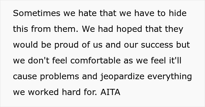 Couple hiding their wealth from dysfunctional families to protect their safety and preserve their hard-earned success. Couple hiding their wealth from dysfunctional families to protect their safety and preserve their hard-earned success.