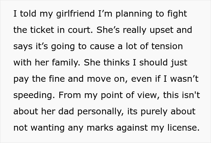 Text message discussing plans to fight a speeding ticket wrongly issued by cop who is daughter’s boyfriend. Text message discussing plans to fight a speeding ticket wrongly issued by cop who is daughter’s boyfriend.