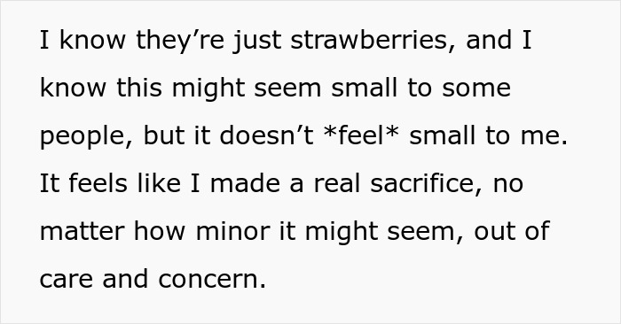 Text expressing feelings of sacrifice and concern from a partner upset about girlfriend’s strawberry allergy. Text expressing feelings of sacrifice and concern from a partner upset about girlfriend’s strawberry allergy.