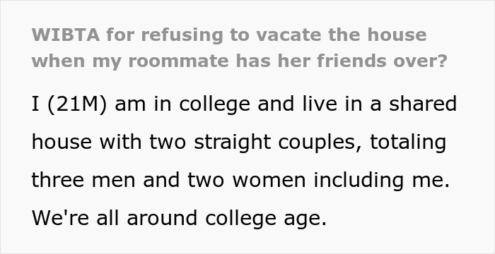 Text post about a student asked to leave house during roommate’s party, debating guests’ comfort and fairness.