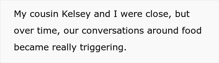 Text on white background stating how conversations around food became triggering due to woman’s son with autism.