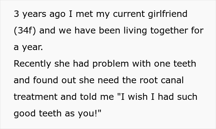 Text excerpt about man telling girlfriend his teeth aren’t real after 3 years, causing trust issues in relationship. Text excerpt about man telling girlfriend his teeth aren’t real after 3 years, causing trust issues in relationship.