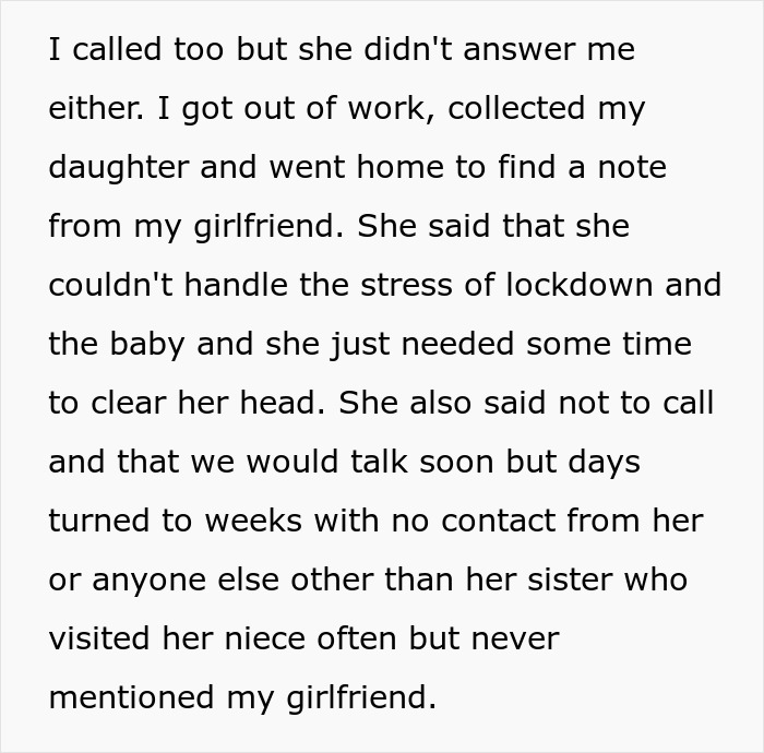 Note describing a man raising a newborn alone, detailing stress of lockdown and absence of the ex for several weeks. Note describing a man raising a newborn alone, detailing stress of lockdown and absence of the ex for several weeks.