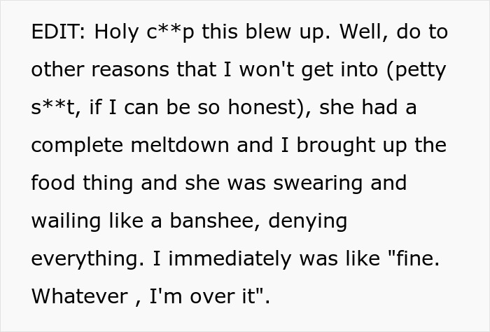 Middle-aged woman with a shopping habit causes roommate frustration by repeatedly stealing food, leading to tension.