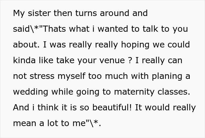 Text excerpt of pregnant sister asking to take couple’s wedding venue booking to avoid planning stress while attending maternity classes. Text excerpt of pregnant sister asking to take couple’s wedding venue booking to avoid planning stress while attending maternity classes.