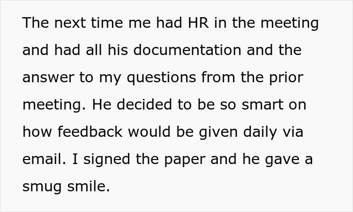 Text showing an employee describing a meeting with HR and manager, addressing baseless claims and documentation. Text showing an employee describing a meeting with HR and manager, addressing baseless claims and documentation.