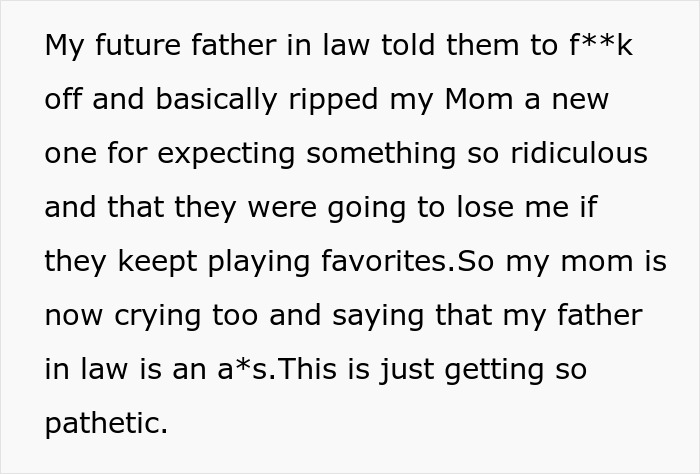 Text of a person sharing frustrations about their future father-in-law causing family tension over wedding venue demands. Text of a person sharing frustrations about their future father-in-law causing family tension over wedding venue demands.