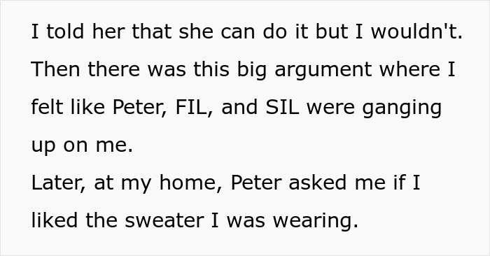 Text excerpt showing a woman describing a conflict involving her fiancé’s family and refusing to wear a used wedding dress. Text excerpt showing a woman describing a conflict involving her fiancé’s family and refusing to wear a used wedding dress.