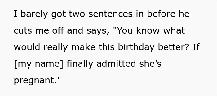 Text excerpt showing a husband’s tasteless pregnancy stunt causing awkwardness during a birthday dinner conversation. Text excerpt showing a husband’s tasteless pregnancy stunt causing awkwardness during a birthday dinner conversation.