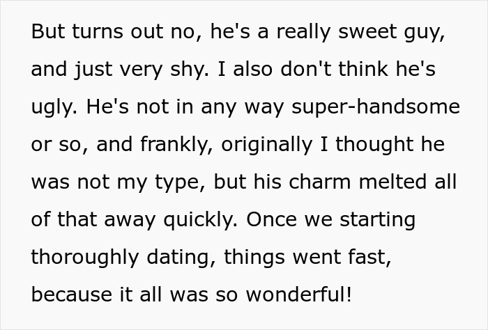 Text excerpt discussing a woman's shy husband whose charm won her over during their fast and wonderful dating period. Text excerpt discussing a woman's shy husband whose charm won her over during their fast and wonderful dating period.