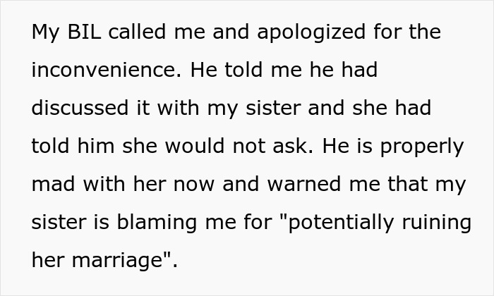 Text message explaining a sister blamed narrator for potentially ruining her marriage after wedding venue dispute. Text message explaining a sister blamed narrator for potentially ruining her marriage after wedding venue dispute.
