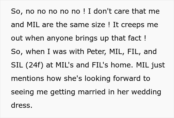 Text from a woman refusing to wear fiancé’s mom’s used wedding dress, rejecting being a prop in a weird mom fantasy. Text from a woman refusing to wear fiancé’s mom’s used wedding dress, rejecting being a prop in a weird mom fantasy.