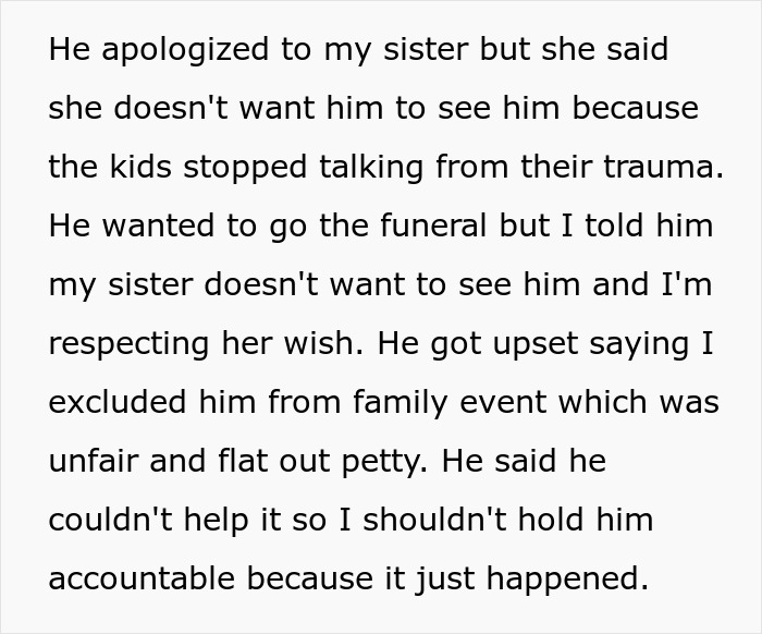 Text excerpt about a guy banned from a funeral after telling SIL’s kids their dad passed away against family wishes. Text excerpt about a guy banned from a funeral after telling SIL’s kids their dad passed away against family wishes.