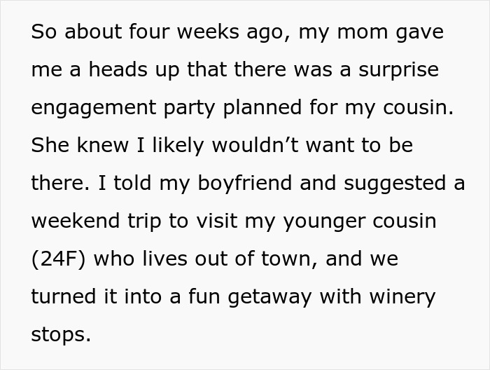 Text excerpt about family drama involving cousin betrayal and advice to forgive an affair with her ex.