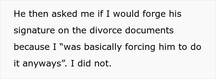 Text excerpt about husband asking for forged signature on divorce documents, highlighting public shaming in a cross-country move. Text excerpt about husband asking for forged signature on divorce documents, highlighting public shaming in a cross-country move.