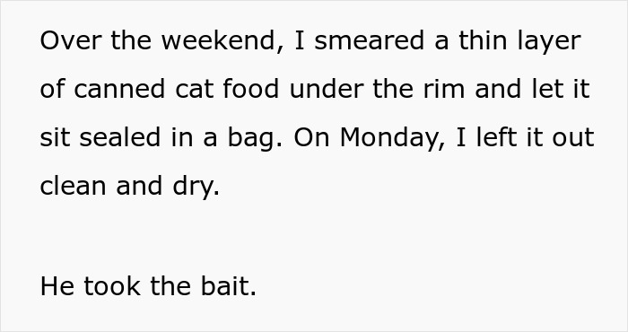 Text about man using cat food to stop coworker from stealing Hawaii mug, involving cat-food-flavored coffee prank.