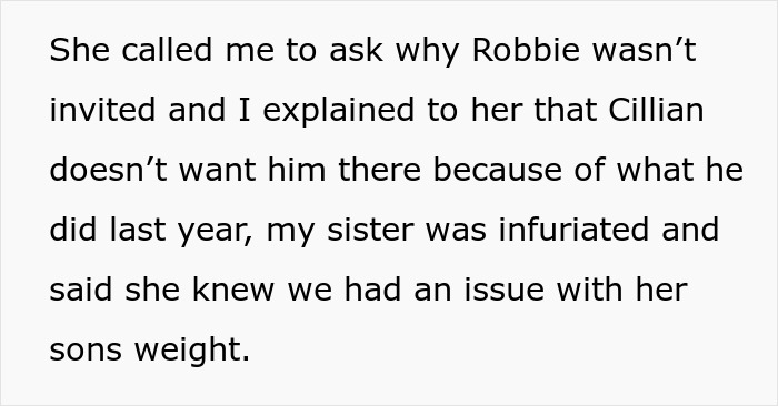 Text message explaining why nephew was excluded from son's birthday due to last year’s incident and accusations of fatphobia. Text message explaining why nephew was excluded from son's birthday due to last year’s incident and accusations of fatphobia.