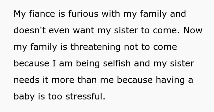 Text describing conflict involving couple booking wedding venue years in advance and pregnant sister demanding it. Text describing conflict involving couple booking wedding venue years in advance and pregnant sister demanding it.