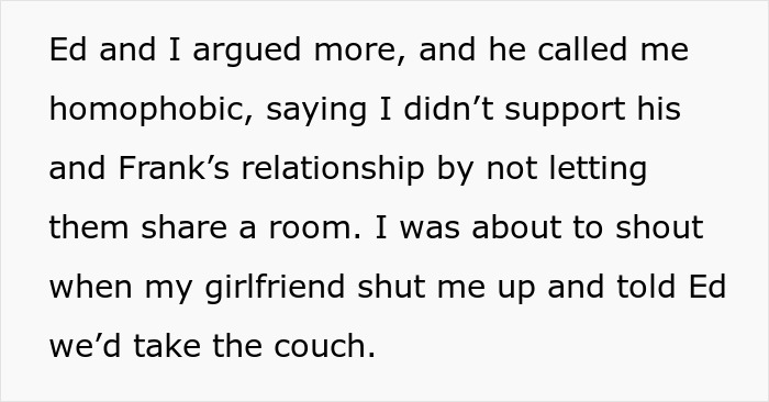 Text excerpt from argument about refusing to give up paid master bedroom, accused of homophobia by friend’s boyfriend. Text excerpt from argument about refusing to give up paid master bedroom, accused of homophobia by friend’s boyfriend.