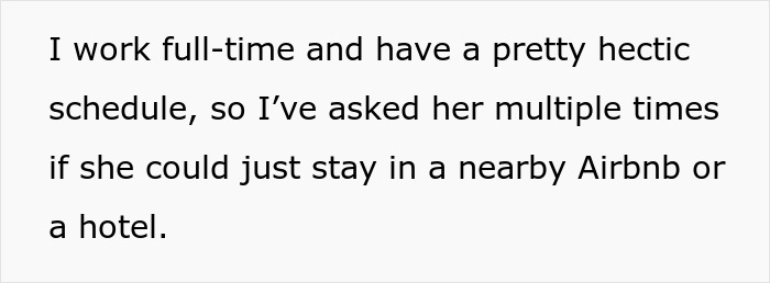 Text excerpt showing a person explaining their hectic schedule and asking someone to stay in a nearby Airbnb or hotel. Text excerpt showing a person explaining their hectic schedule and asking someone to stay in a nearby Airbnb or hotel.