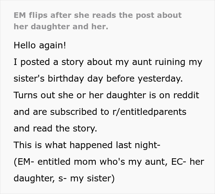 Text post about visiting relatives demanding cake, gifts, and full attention ruining girl’s 11th birthday celebration.