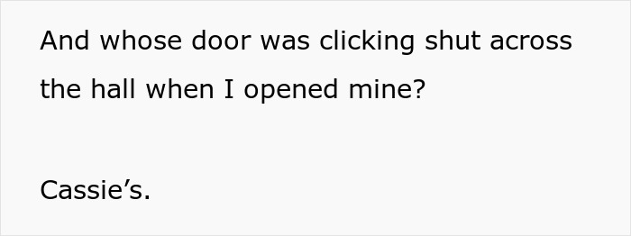 Text excerpt about a neighbor’s door clicking shut, hinting at petty revenge for package stealing issues. Text excerpt about a neighbor’s door clicking shut, hinting at petty revenge for package stealing issues.