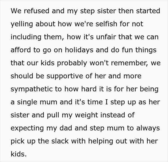 Woman refuses to babysit step sister’s kids while she’s on holiday, causing tension and family drama over responsibilities. Woman refuses to babysit step sister’s kids while she’s on holiday, causing tension and family drama over responsibilities.