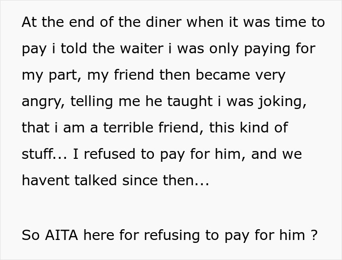 Text showing a vegan refusing to pay for friend's food, causing tension and anger when bill arrives at dinner. Text showing a vegan refusing to pay for friend's food, causing tension and anger when bill arrives at dinner.