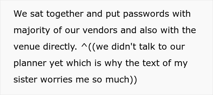 Text excerpt about couple booking wedding venue in advance and concern over pregnant sister's demand. Text excerpt about couple booking wedding venue in advance and concern over pregnant sister's demand.
