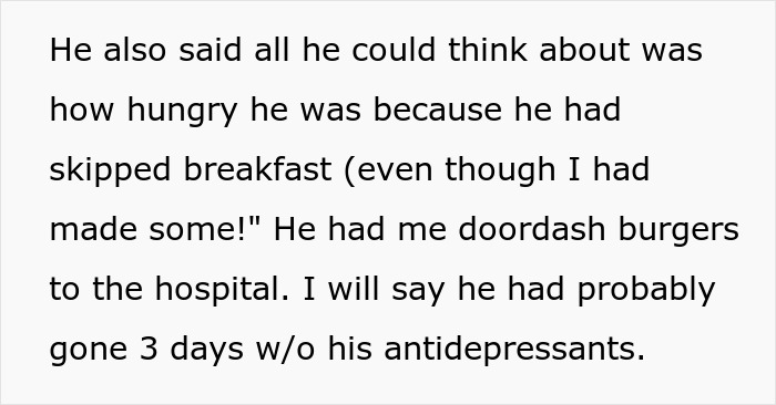 Text excerpt about husband’s hunger and ordering takeout while wife is in hospital, highlighting emotional neglect and bruises. Text excerpt about husband’s hunger and ordering takeout while wife is in hospital, highlighting emotional neglect and bruises.