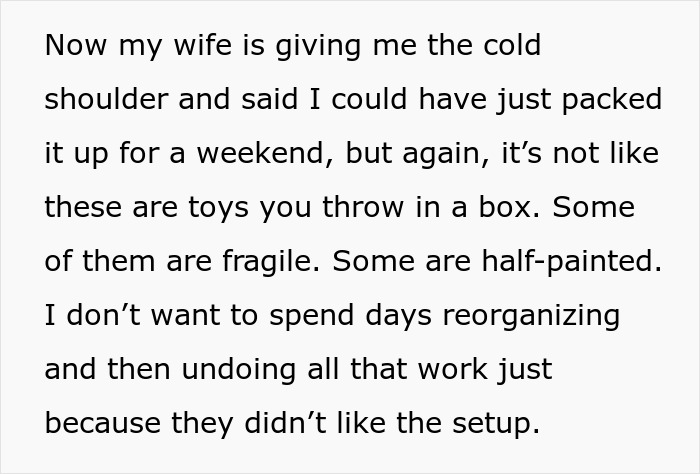 Text about guy prioritizing his miniature wargaming studio over family, explaining fragile and half-painted models. Text about guy prioritizing his miniature wargaming studio over family, explaining fragile and half-painted models.