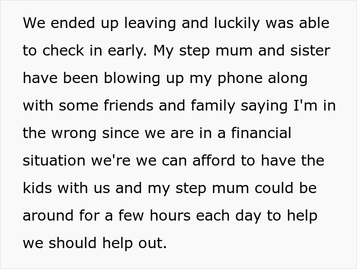 Text excerpt showing family conflict over babysitting step sister’s kids during holiday, highlighting financial stress. Text excerpt showing family conflict over babysitting step sister’s kids during holiday, highlighting financial stress.