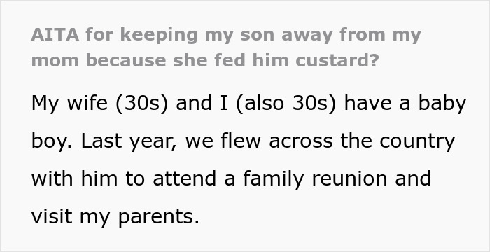 Text excerpt about keeping son away from grandmother after she fed him custard, explaining family visit details. Text excerpt about keeping son away from grandmother after she fed him custard, explaining family visit details.