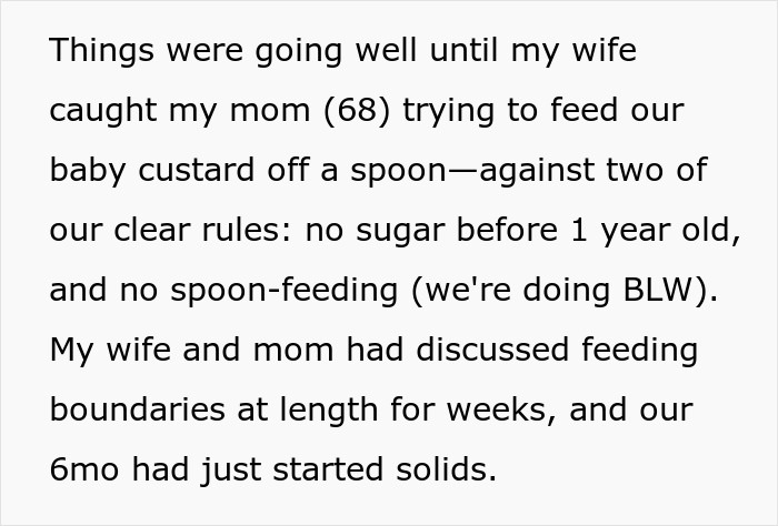 Father explaining keeping son away from grandmother after she fed baby custard against parental feeding rules. Father explaining keeping son away from grandmother after she fed baby custard against parental feeding rules.