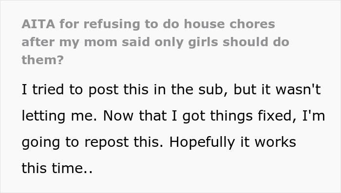 Text post about refusing to do house chores due to sexist parents until brothers help clean the house.