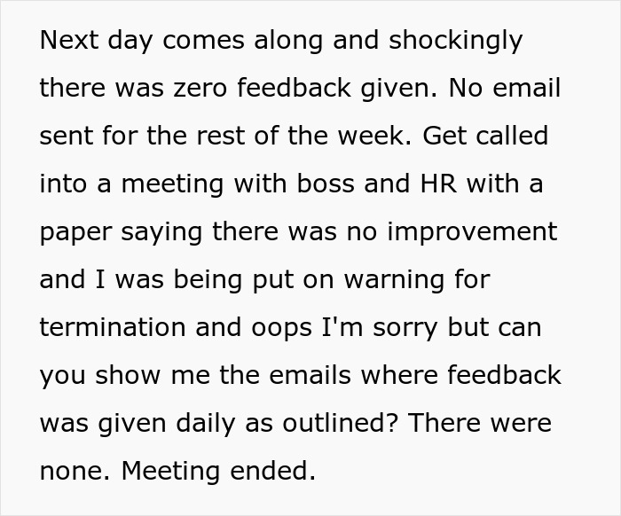 Text excerpt describing a manager wanting to fire employee with baseless claims, unable to prove feedback was given. Text excerpt describing a manager wanting to fire employee with baseless claims, unable to prove feedback was given.