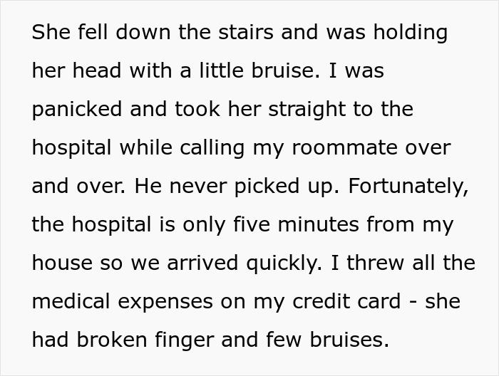 Man cares for kid after roommate vanishes with ex and later blames him following her injury at home.