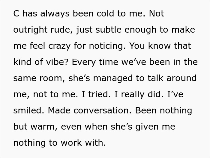 Text excerpt about tension with my husband's childhood best friend showing subtle coldness and social discomfort. Text excerpt about tension with my husband's childhood best friend showing subtle coldness and social discomfort.