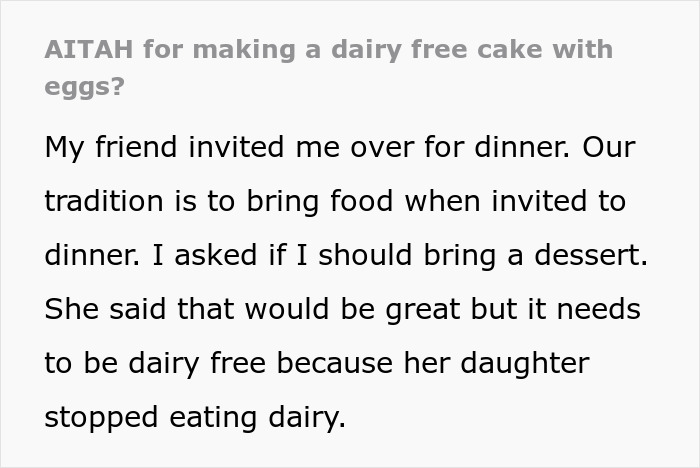 Text post asking if making a dairy free cake with eggs is wrong, discussing confusion about dairy ingredients. Text post asking if making a dairy free cake with eggs is wrong, discussing confusion about dairy ingredients.